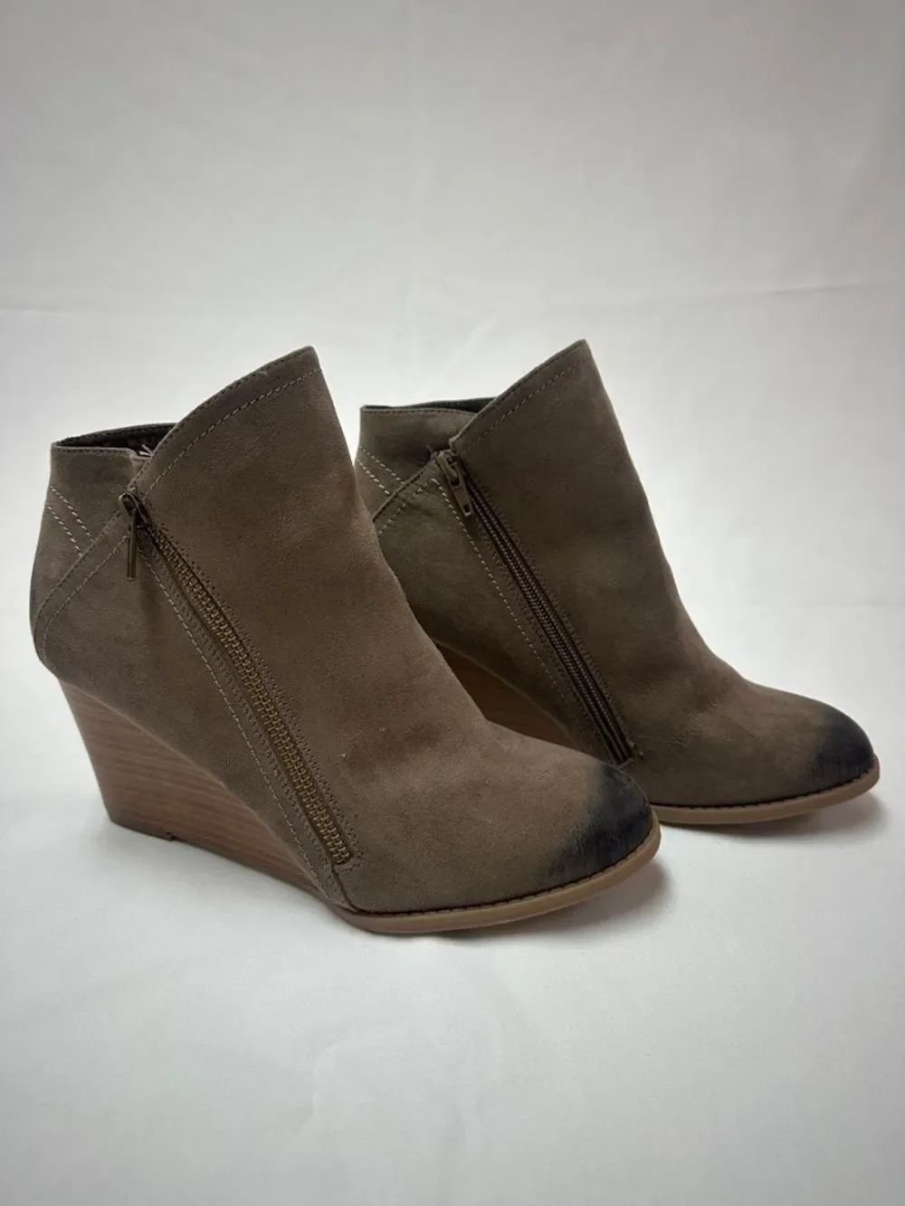 Women's Taupe Suede Wedge Ankle Boots with Side Zip Closure